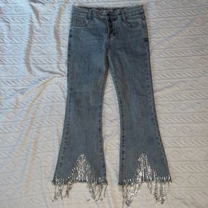 Rhinestone Fringe cropped jeans size M, with button fly and frayed waist